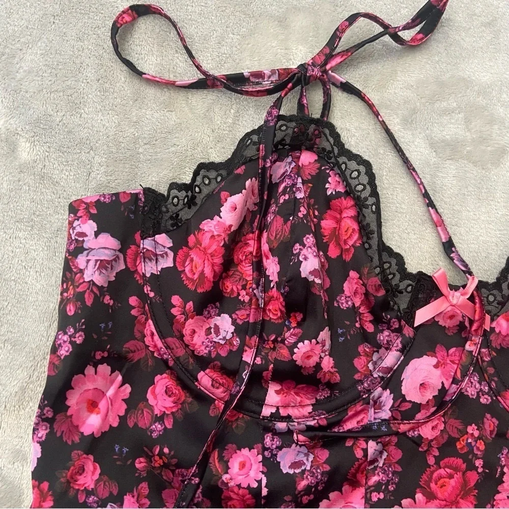 New! For Love And Lemons Black Pink Floral Farrah Bustier 24558